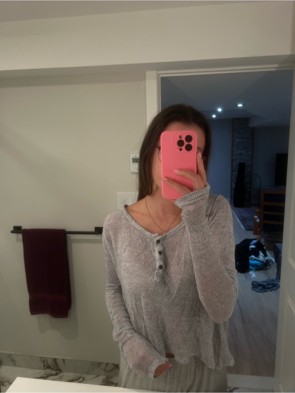Light Gray Women's Henley Knit Top - Brand Unspecified